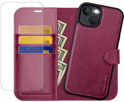 OCASE for iPhone 14 Case, Magnetic Detachable 2 in 1 Flip PU Leather Wallet Case with[RFID Blocking][Card Holder][Kickstand] Shockproof Removable Phone Cover for the 6.1 Inch 2022,Burgundy