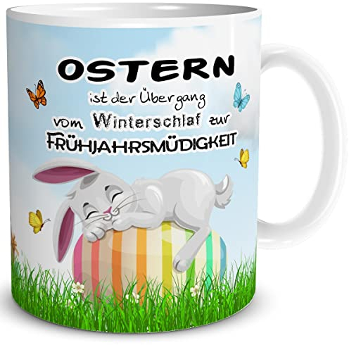 TRIOSK Tasse Hase Frohe Ostern Ostergeschenke Erwachsene mit Spruch lustig Oster Schlaf Ostertassen Sprüche Geschenk für Frauen Männer Kollegen, Keramik 300ml