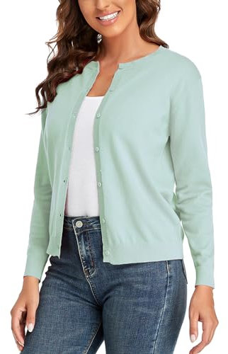 CUNYI Cardigan Donna Maglia con Bottoni Girocollo Classico Manica Lunga Giacca Cappotto Elegante, Menta Verde M
