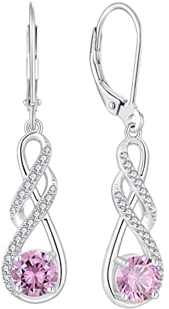 FJ Damen Unendlichkeit Infinity 925 Sterling Silber Ohrringe - Hängend Mit Rosa Turmalin Oktober Geburtsstein - Schmuck Geschenke für Frauen, Mutter, Freundin, Mama