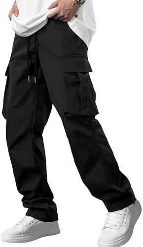 Comdecevis Men's Casual Cargo Pants Workout Joggers Stretch Sweatpants Hiking Drawstring Tactical Pants with Multi Pockets Black