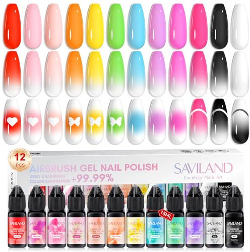 SAVILAND Airbrush Gel Nail Polish: Dilution-Free 12 Vitality Colors Airbrush for Nails Set with Fine Mist Nail for Color Spray French & Ombre Nail Polish Airbrush Paint for Nail Art Design Salon Set