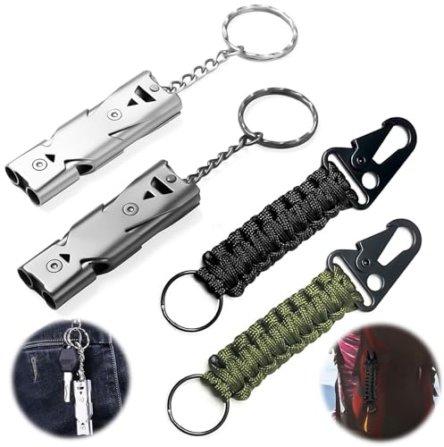 YOUNGSAY 2 Stück Signalpfeife, 150dB Edelstahl Notfallpfeife, Notpfeife Signalpfeife Laut mit 2 Paracord Schlüsselanhänger für Outdoor-Wandern und Camping (2 Farben)