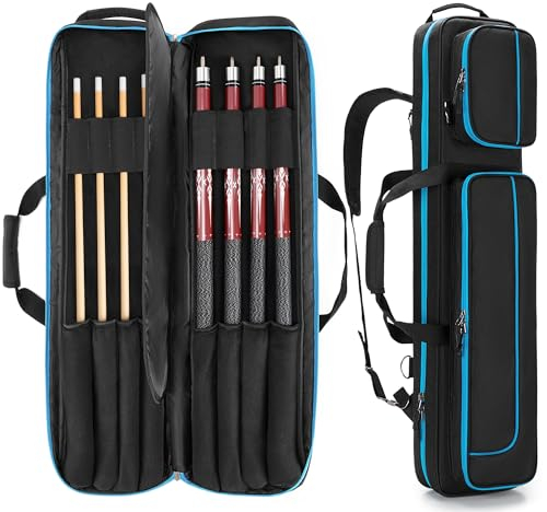 GOBUROS 4x4 Billard Queue Koffer für bis zu 4 Unterteile und 4 Schäfte, Pool Stick Tragetasche mit Zubehörtaschen vorne, Billard Queue Tasche mit Schultergurten (Blau)