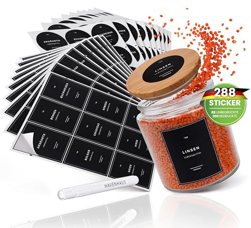 HAVENHAUS Etiketten Vorratsdosen Set schwarz | 288 Vorratsetiketten selbstklebend modernes Design für den gesamten Haushalt | Aufkleber Vorratsdosen inkl. Sticker + Kreide Stift | Etiketten Küche