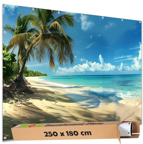 TRIOSK Sichtschutz Garten Deko Zaun Plane Blickdicht groß mit Zaunblende Motiv Strand Meer Karibik Urlaub für Zaunelement Doppelstabmatten Stabmattenzaun Gartenzaun PVC 250x180 cm