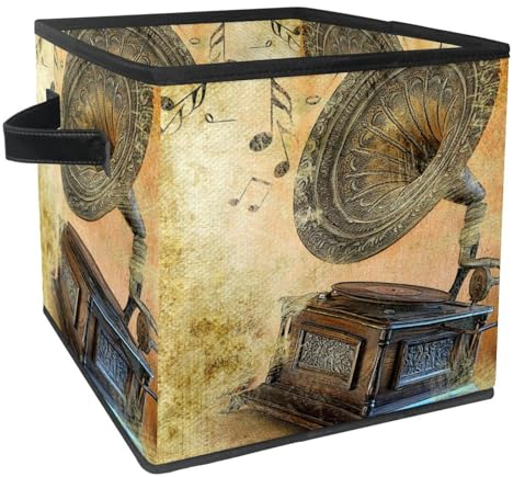 VAPOKF Faltbare Aufbewahrungsbox Stoff Aufbewahrungskorb Würfel Organizer Behälter mit Griffen für Spielzeug Kleidung Bücher Schrank Schlafzimmer Zuhause Vintage Grammophon