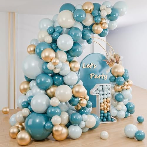 Luftballon Girlande Blau, 109 Stück Staubig Blau Ballonbogen Mit Weißer Sand Gold Ballons für Geburtstags Deko, Babyparty, Hochzeits, Geschlechtsenthüllung