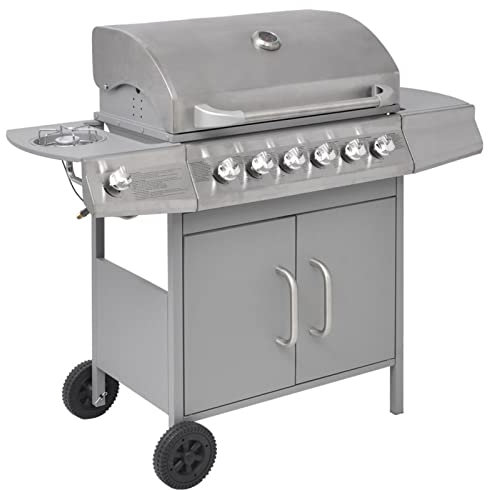 Amorsee Barbacoa a Gas Acero Inoxidable con 6 Quemadores, Barbacoa Portatil, Termómetro, Rejilla de Acero Inoxidable - Barbacoa con Ruedas en Carrito Plateado