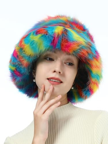 sy soul young Damen Winter Kunstpelz Plüsch Bucket Hat Wintermütze Fischerhüte Hut Pelz Warme Fischer Cap(Regenbogen)