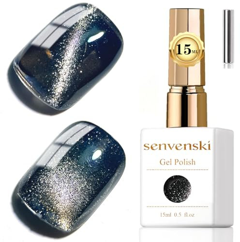 Senvenski Black Glitter Glass Cat Eye Gel Nail Polish with Magnet 15ML Magnetic 3D Galaxy Holographic Gel Polish Salon Home DIY (MY1-025)