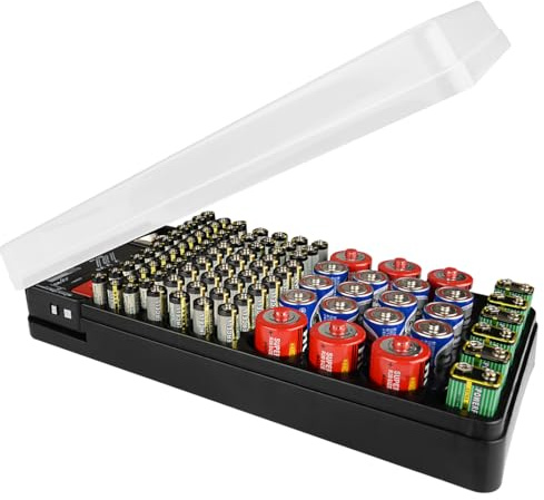Batterie-Organizer, Aufbewahrungsbox mit Tester, hält 98 Batterien, tragbare Aufbewahrungsbox, kompatibel mit 12 AAA, 16 AAA, flachen Batterien