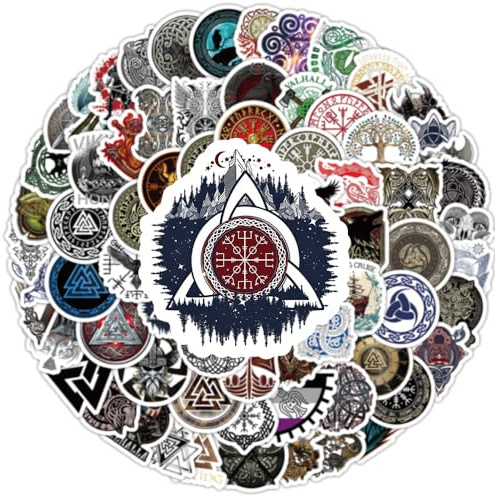 100 Stück Wikinger Aufkleber Pack für Erwachsene und Jugendliche, nordische Mythologie und Rune Aufkleber-Set, wasserdichte Vinyl-Aufkleber für Laptop, Sammelalbum, Motorrad, Gepäck, Skateboard, Helm