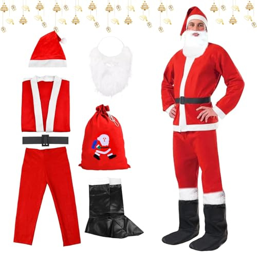 Weihnachtsmann Kostüm für Herren, 7-Teiliges Weihnachtsmann Kostüm für Erwachsene, mit Nikolaus Bart, Mütze, Schuh, Kleidung, Hosen, Gürtel und Geschenktüten, für Weihnachten Weihnachtsfeier Cosplay