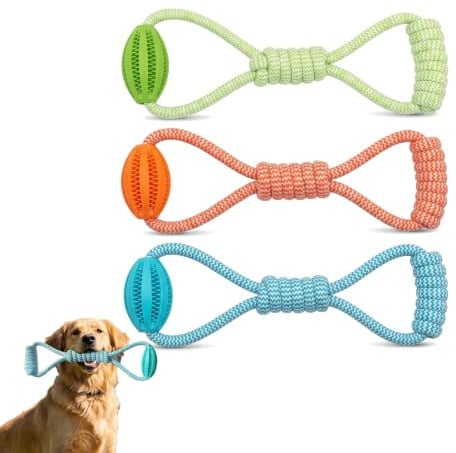 Naapesi 3 stycken hundleksaker, boll med rep, interaktiv tuggleksak för hundar, foderboll för tandvård, naturgummi kastboll för små medelstora stora hundar (orange/blå/grön, 9 x 30 cm)
