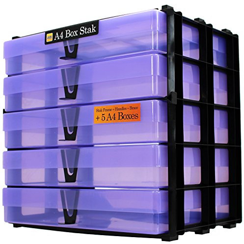 WestonBoxes A4 Box Stak, Stackable Craft Storage Box Unit Including Plastic A4 Storage Boxes with Lids (Purple, Pack of 1)
