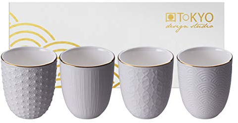 TOKYO design studio Nippon White Set di 4 Tazze Bianco, con Bordo in Oro, Senza Manico (Tazza), Ø 7 cm, Altezza 7 cm, 160 ml, Porcellana Asiatica, Design Giapponese, Confezione Regalo Inclusa