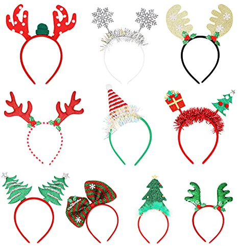 Makone 10 pcs Bandeaux de Noël Fête, Serre Têtes de Noël pour Femmes Enfants et Hommes, Cerceaux de Cheveux de Noël à ThèmeCadeau