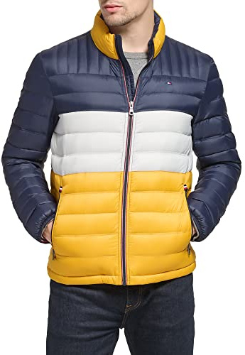 Tommy Hilfiger Men's Lightweight Down Alternative Packable Puffer Jacket Coat, Yellow/Navy Colorblock, XL