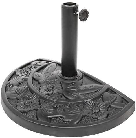 9KG Heavy Duty Half Round Umbrella Base Stand – Cast Resin & Concrete Sun Shade Holder, Waterproof Outdoor Parasol Stand with Adjustable Knob Space-Saving Balcony & Patio Umbrella Base (Black, Floral)