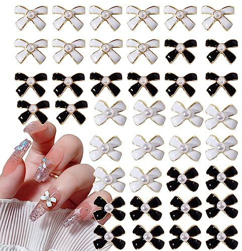 3D Bow Nail Charms, White Black Bow Nail Art Charm Gems Cute Nail Art Bows Nail Jewelry Bowknots Nail Art Decoration for Women Girls DIY Manicure