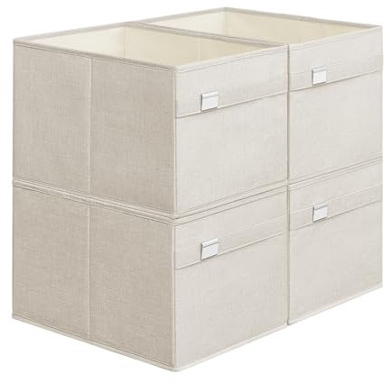 SONGMICS Lot de 4 bacs de rangement d'armoire, 40 x 30 x 25 cm, 2 poignées, pliables, tissu Oxford et tissu aspect lin, lavable, porte-étiquette métallique, blanc nuage ROB240W04