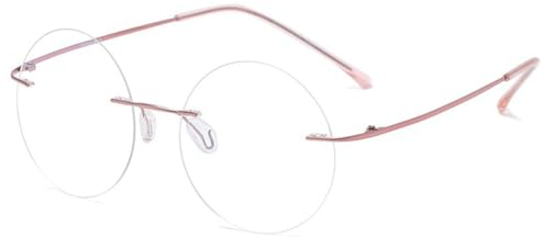 MAGIMODAC Runde Lesebrille Damen Herren Randlos Blaulichtfilter Brille Titan Computerbrille lesehilfe Sehhilfe mit Sehstärke Rosa 0.00
