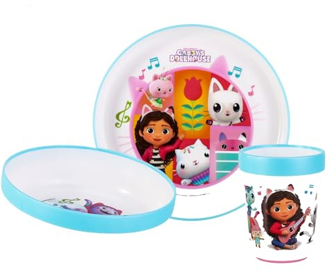 Gabby's Dollhouse 3pcs Reusable Bicolor Premium Kids Childrens Dinner Tableware Set Plate, Bowl & Tumbler, BPA Free