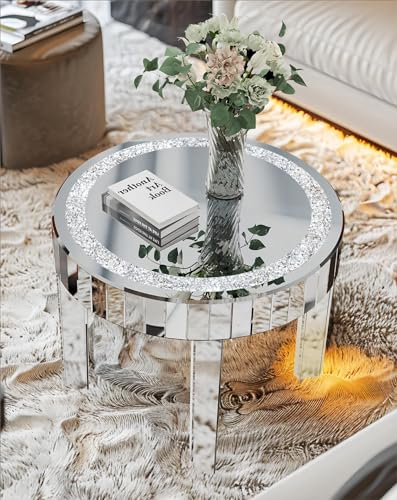 Artloge Mirrored Coffee Table Round Glass : 60 x 50cm Silver Glass Coffee Table Embedded Glitter Crushed Diamond Edge Frame and Crystal Mirror Legs,Center Table for Living Room Mirrored Furniture