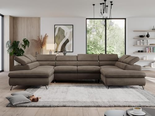 MKS MEBLE Sofa U, Wohnlandschaft U-Form, Ecksofa mit Schlaffunktion und Bettkasten, Schlafsofa mit Bettkasten, Couch mit Verstellbare Kopfstützen - Pedro U - Braun Velvet Hydrophob