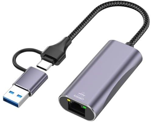 USB C to Ethernet Adapter 1000M, 2-in-1 USB 3.0 to RJ45 Gigabit LAN Network Adapter, Nylon Braided & Aluminium Alloy Network Adapter to USB Type-C for Windows XP, Mac OS, Linux, Vista, etc