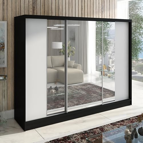 A&J MöbelLand Schwebetürenschrank VIDA, 3-türig Kleiderschrank 200cm mit 4 Schubladen, und Spiegel, Garderobe 200 cm (Schwarz/weiß)