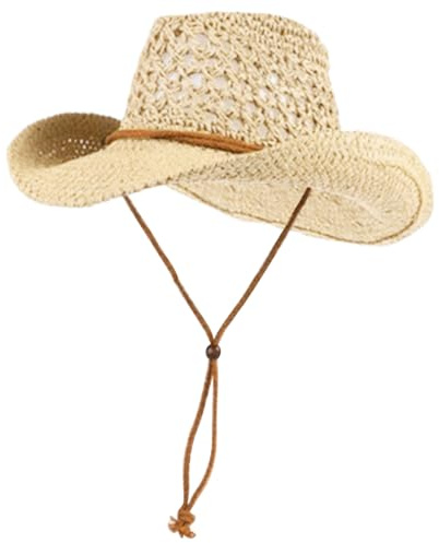 Hperu Sommerlicher Cowboyhut aus Stroh für Damen und Herren, hohler Cowboyhut, Strandhut für Herren mit Kinnriemen, breite Krempe, Sonnenhüte für draußen, Beige