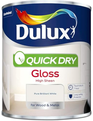 AMK® Dulux Quick Dry Gloss Paint 750ml Pure Brilliant White Water Based Interior Wood Metal Finish Low Odour Non Yellowing Durable for Trim Skirting Doors Frames Radiators