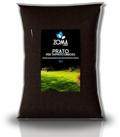 ZOMA Terriccio per Prato di Qualità Superiore, Terriccio prato specifico per la germinazione, con Sabbia, Radinat e Humus di Lombrico - Terra prato Ideale per sementi e prati in zolle - 20 Lt