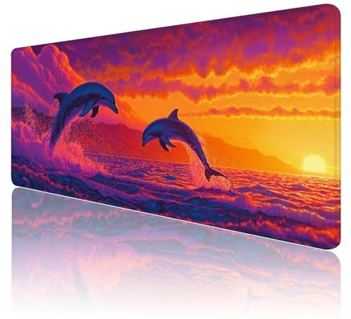 Gaming Mauspad XXL 900x600mm Mauspad Sonnenuntergang Mousepad Delphin Mouse Pad Großer Erweiterter Schreibtischunterlage, rutschfeste Gummibasis Desk Mat Verbessert PräZision und Geschwindigkeit R446
