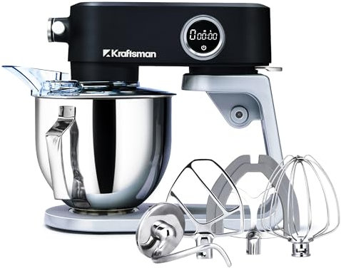 Kraftsman All-Metal Stand Mixer, 5L Kitchen Food Mixer for Baking with Stainless Steel Dough Hook, Whisk, Beater, Flexible Beater, Universal Attachment Hub, 8 Speeds & Timer Function (Black)