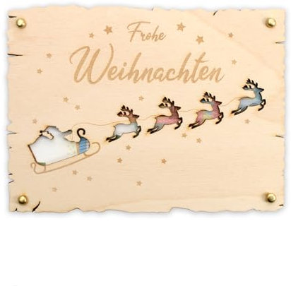 Kreative Feder „Weihnachtsschlitten“ - Glückwunsch-Karte aus Holz zu Weihnachten– DIY Holzkarte für Geldgeschenke; Größe ca. 14,6 x 19,7cm (Weihnachten III)