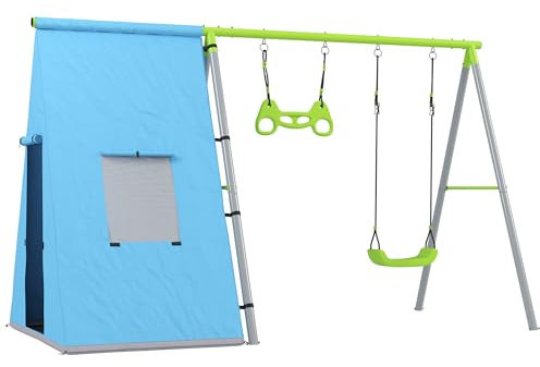 AIYAPLAY 3 in 1 Schaukelgestell Outdoor Schaukelgerüst mit Spielzelt, Schaukel und Turnringe, Kinderschaukel mit Metallgestell, Gartenschaukel für Kinder Grün
