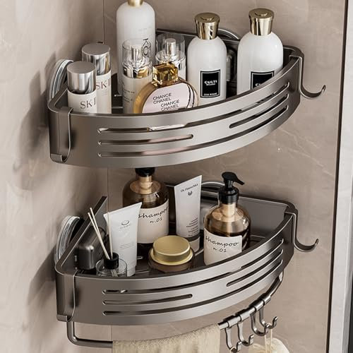 ONXE Corner Shower Caddy Suction Cup,Shower Shelves with Towel Rack Hooks,No Drilling Powerful Suction Bathroom Organizers and Storage,Removable Waterproof Rustproof Bath Storage Decor (2 Pack)