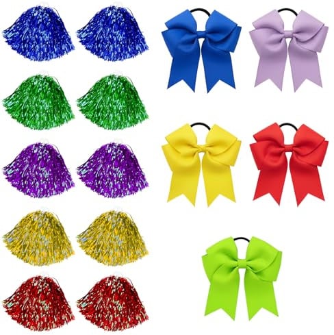 RQcMid Cheerleader Pompons, 15-teiliges Set in leuchtenden Farben, für Cheerleading und Sportveranstaltungen, 20 Gramm mit kleinen Griffen, perfekt für Teams und Veranstaltungen