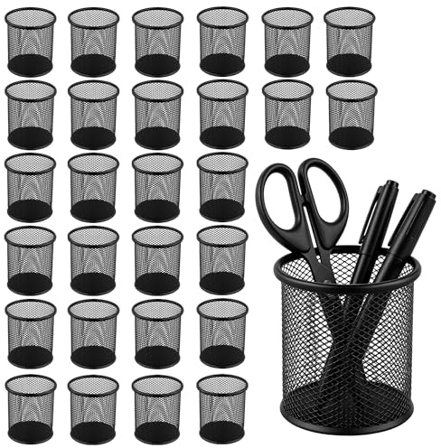 JIAYUET 30 Pack Metal Mesh Pen Holder, Black Round Desk Organizer Pen Pot Pencil Cup for Office Home Supplies