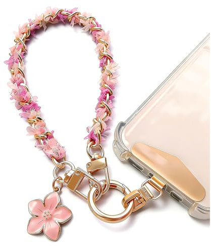 Rosa Handyanhänger Blume Handykette Kurz Handgelenk Mit Dreieckigem Patch Handyband Kurz Metall Gedrehte Kette Handy Anhänger Schlüsselanhänger Blume Keychain Aesthetic Handschlaufe Handy Bag Charm