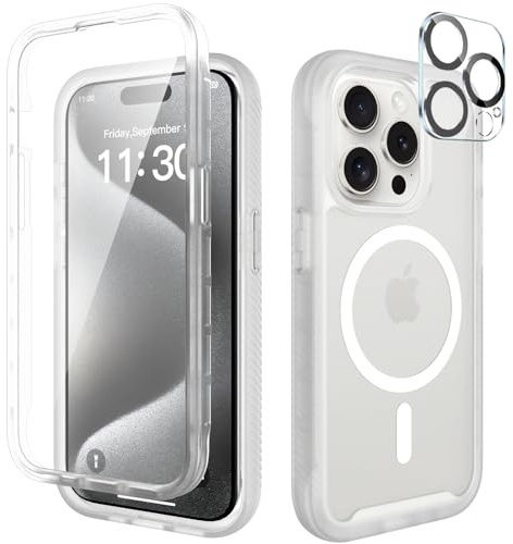 Leedia Handyhülle Kompatibel mit iPhone 15 Pro Max Hülle 360 Grad Ganzkörper Stoßfest Komplettschutz Case Matt mit Eingebautem Displayschutz Magnetische Cover für iPhone 15 Pro Max 5G 6.7 Weiß