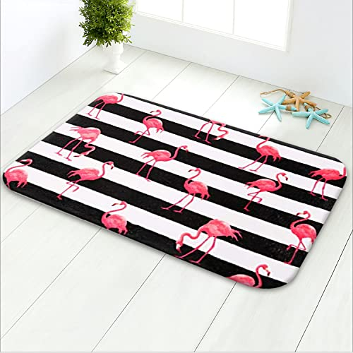 LIVILAN Flamingo Badvorleger, schwarz-weiß gestreift, weicher Schaumstoff, rutschfester Badteppich, saugfähig, super gemütlich, maschinenwaschbar und trocken, 40,6 x 61 cm