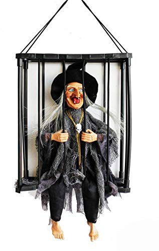 sitzende Hexe in Käfig mit Sound, blinkenden Augen und Bewegung H:36cm Halloween Deko Gruselparty Horrordeko(0181640)