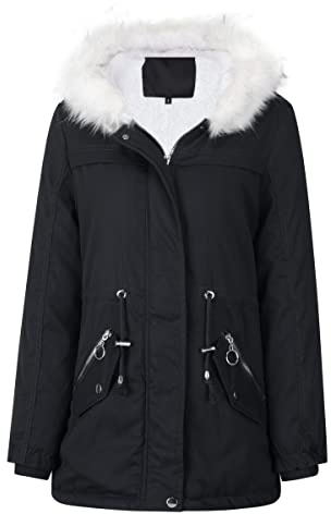YYNUDA Women Winter Parka Coat Fur Collar Hooded Jacket Warm Windproof Padded Outwear Black L