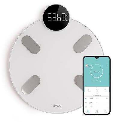 Livoo - Pèse-Personne impédancemètre connecté - DOM455W - Application Fitday, 13 indicateurs, 13 mémoires utilisateurs, jusqu'a 180kg, précison 50g