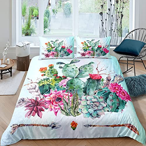 Homewish Kaktus Bettbezug 220x240, Weiß Grün Aquarell Kaktus Bettwäsche Set Landschaft Sukkulenten Rosa Blumen Trösterbezug Set, Wüstenpflanze Natürliche Tagesdecke, Grün Weiß