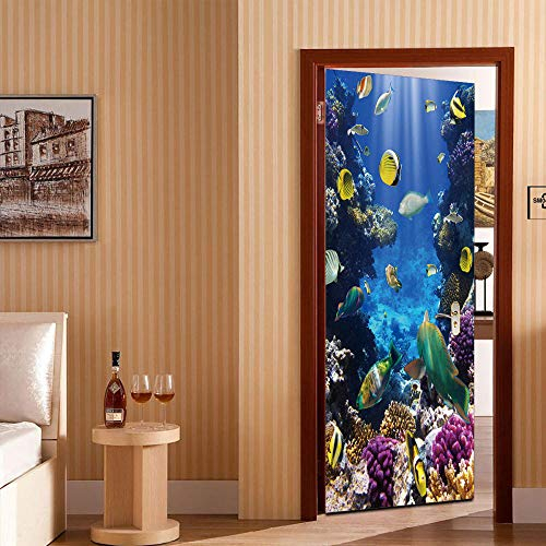 GSKBDQ Türtapete Selbstklebend Türposter Unterwasser-Korallenfische 77X200Cm 3D Türaufkleber wasserdichte Fototapete Türfolie Abnehmbar Wandaufkleber Wohnzimmer Küche Schlafzimmer Deko Wandbild